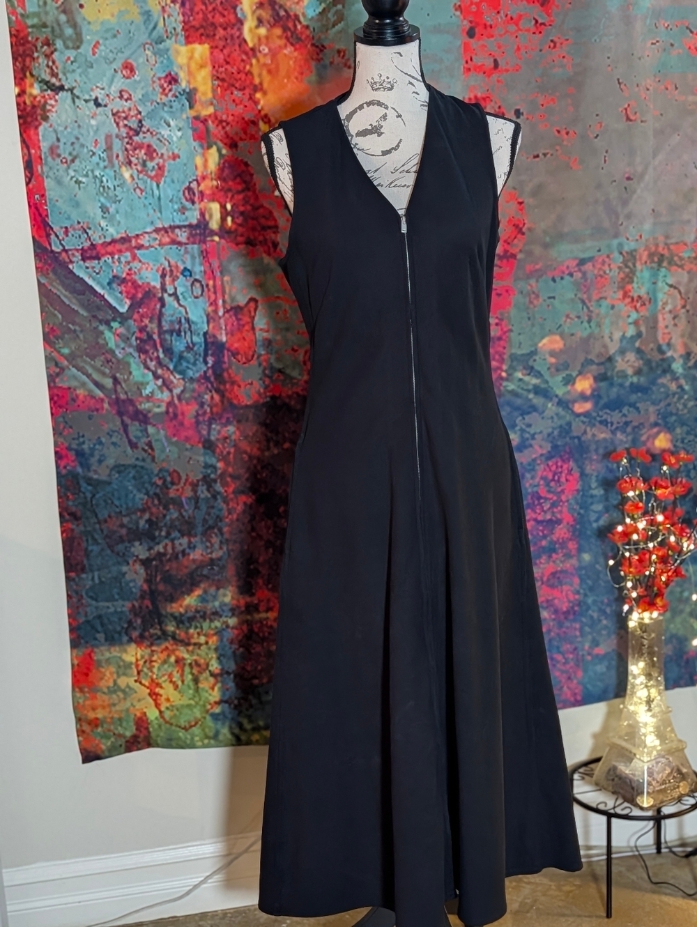 Women's COS ZIP-FRONT V-NECK MIDI DRESS (Black, S)